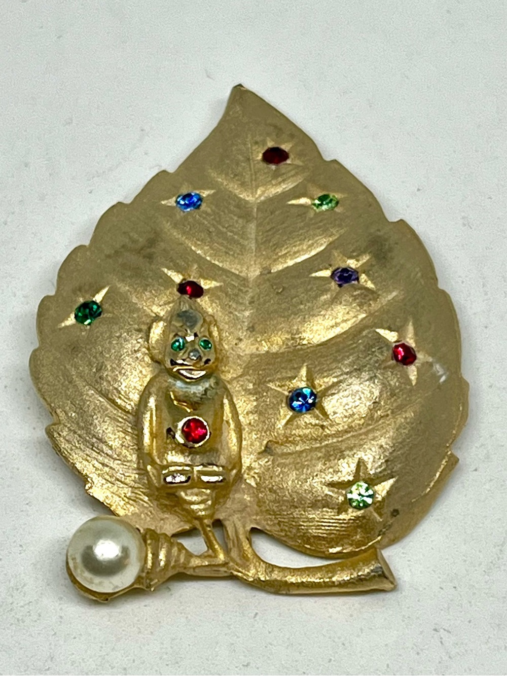 Vintage Gold Leaf FairyBrooch with Multicolor Rhinestones & Pearl Accent